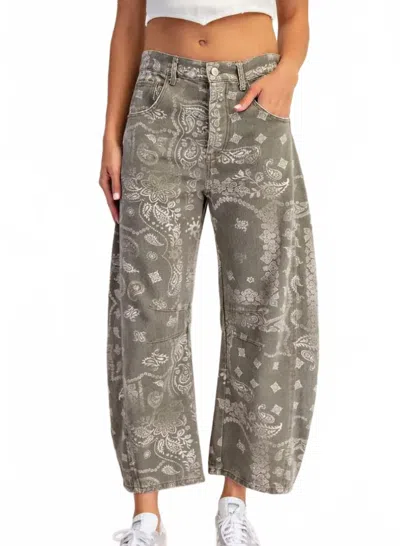 Peace Love Line Maggie Mineral Washed Paisley Printed Barrel Jeans In Vintage Army In Gray
