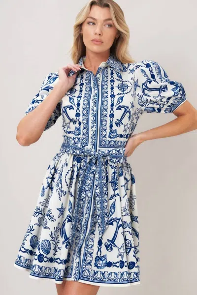 Peace Love Line Printed Woven Button Down Mini Dress In Ivory Blue In White
