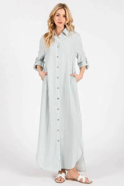 Peace Love Line Seaside Striped Button Down Maxi Dress In Sage In Multi