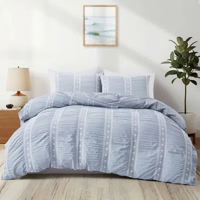 Peace Nest Geometric Lace Duvet Cover Set - 3 Piece Bedding Set With Textured Reverse, Blue