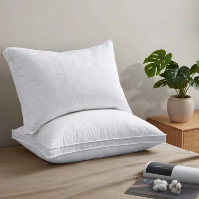 Peace Nest Gusseted Zigzag Wave Quilted Gray Goose Feather Bed Pillows With Cotton Cover, Set Of 2 In White