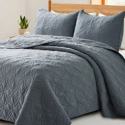 Peace Nest Stroman Quilted Microfiber Coverlet Set In Dark Gray