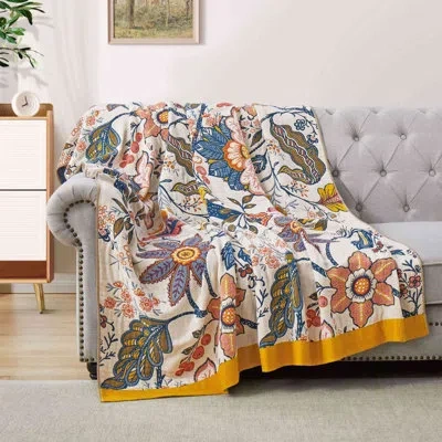 Peace Nest Throw Blanket 100% Cotton Boho In Yellow,multicolored