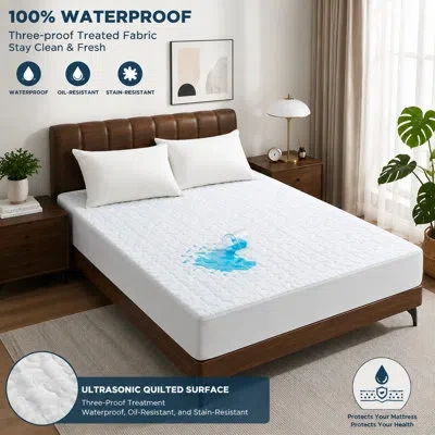 Peace Nest Ultrasonic Craft Breathable Waterproof Mattress Protector With Deep Pocketed Geometric Pattern In White