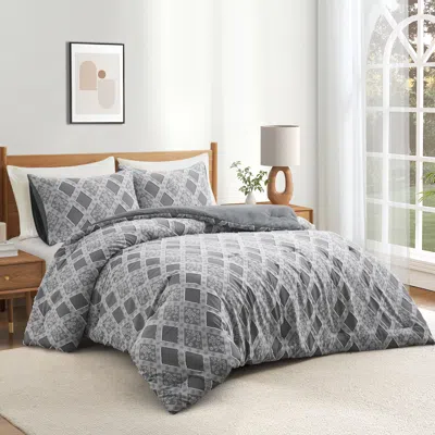 Peace Nest Year-round Warmth Clipped Comforter Set Soft Microfiber Plum Blossom In Gray