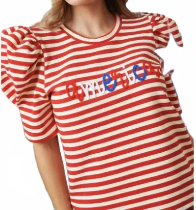 Peach Love America Striped Puff Sleeve Top In Red Multi In Orange