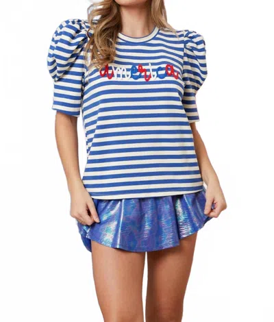 Peach Love America Striped Puff Sleeve Top In Royal In Blue