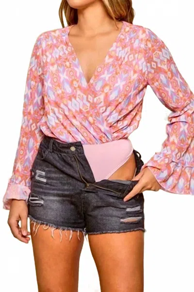 Peach Love Aztec V-neck Bodysuit In Pink In Multi
