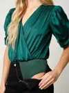 Peach Love Balloon Sleeve Wrap Bodysuit In Hunter Green
