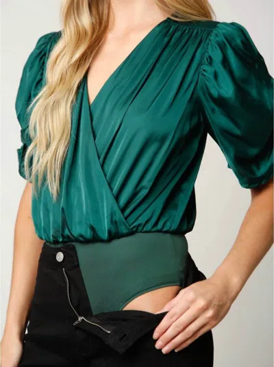 Peach Love Balloon Sleeve Wrap Bodysuit In Hunter Green