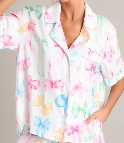 Peach Love Bow Satin Pajama Top In White Multi