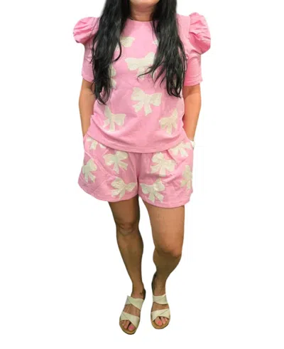 Peach Love Bow Sequin Shorts In Pink
