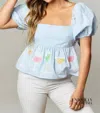 Peach Love Cheers To You Peplum Top In Light Blue In Blue