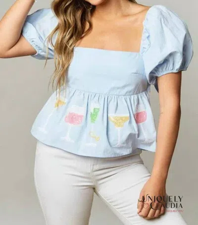 Peach Love Cheers To You Peplum Top In Light Blue