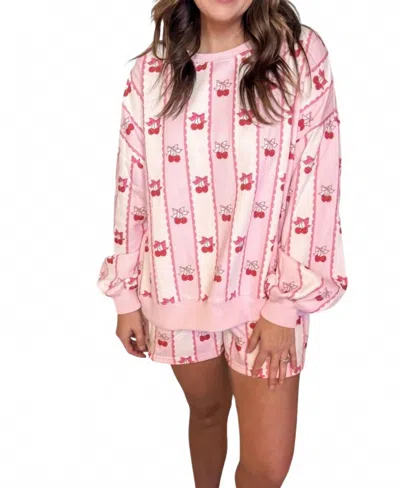Peach Love Cherry Bow Stripe Lounge Set In Pink/ White