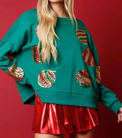 Peach Love Christmas Ornament Sequin Sweater In Green