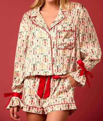 Peach Love Christmas Toy Soldier Prints Set Pajama In Ivory, Red, Green In Multi