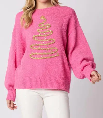 Peach Love Christmas Tree Lurex Thread Embroidery Sweater In Pink