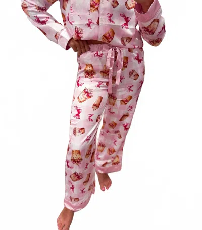 Peach Love Coffee And Bows Print Satin Pajama Pants In Pink