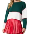 Peach Love Color Block Hand Stitch Detail Cropped Sweater In Green In Green