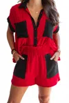 Peach Love Colorblock Rhinestone Shorts In Red
