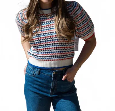 Peach Love Contrast Color Rib Short Sleeve Sweater In White/ Navy/ Coral In Multi