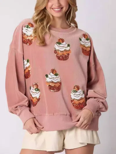 Peach Love Corded Pumpkin Cupcake Sequin Sweatshirt In Light Mauve In Pink