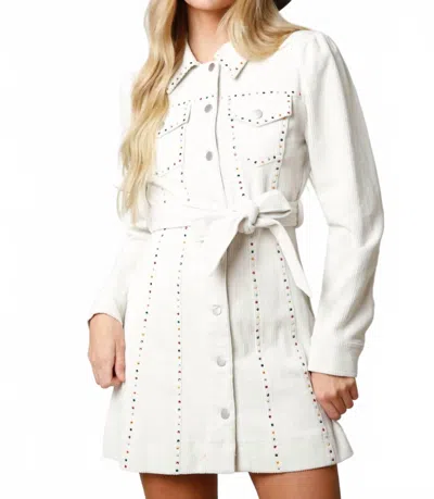 Peach Love Corduroy Rhinestone Belted Dress In White