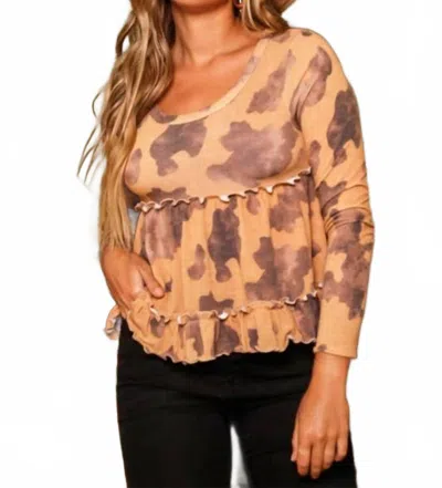 Peach Love Cow Print Knit Ruffled Babydoll Top In Brown In Orange