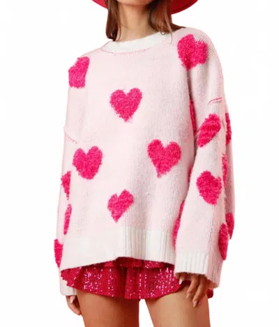 Peach Love Cozy Heart Embroidery Sweater In White In Pink