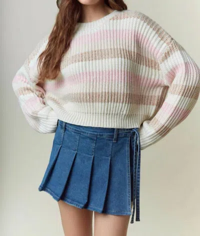 Peach Love Crew Neck Stripe Cropped Sweatshirt In Pink Multi