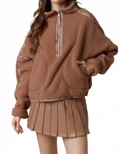 Peach Love Ditsy Floral Half Zip Sherpa Jacket In Camel In Orange