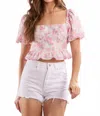 Peach Love Farrah Floral Print Short Sleeve Bow Back Top In Pink In Pink