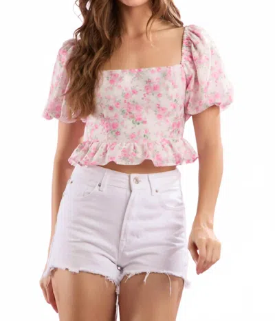 Peach Love Farrah Floral Print Short Sleeve Bow Back Top In Pink