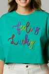 Peach Love Feeling Lucky Top In Turquoise In Yellow