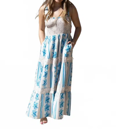 Peach Love Floral Printed Cotton Poplin Shoulder Tie Maxi Dress In Blue