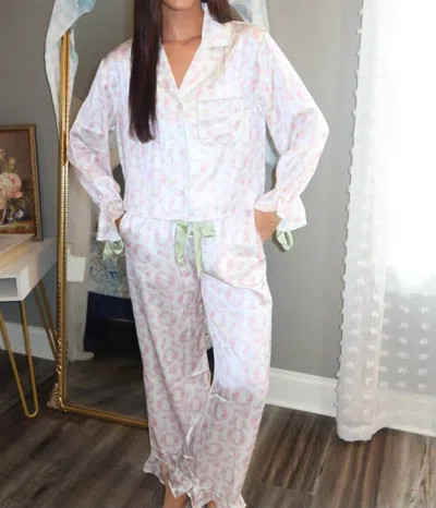Peach Love Floral Satin Pajama Set In White/ Pink