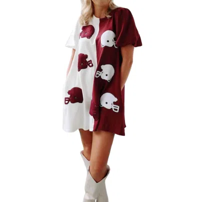 Peach Love Game Day Helmet Towel And Sequins Embroidery Dress In White/maroon In Multi