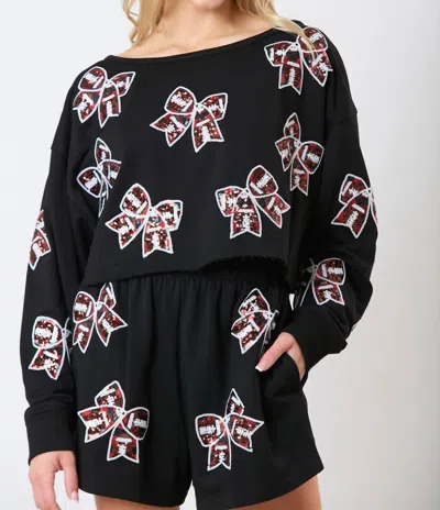 Peach Love Game Day Ribbon Sequin Embroidery Sweatshirts In Black