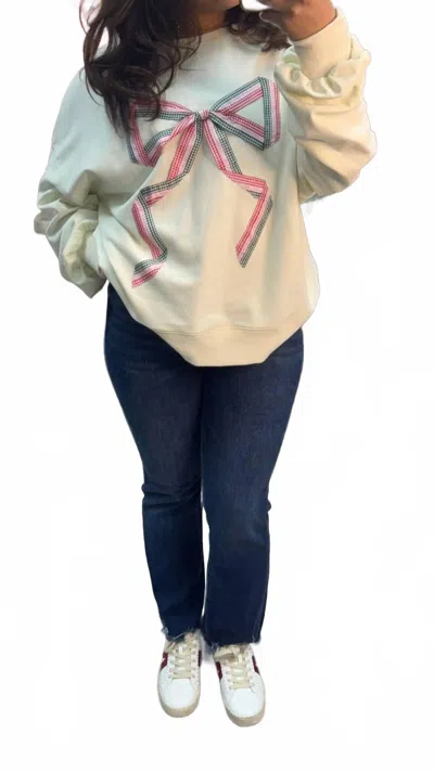 Peach Love Gingham Christmas Bow Lightweight Oversized Sweatshirt Top In White