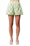 Peach Love Gingham Ric Rac Trim Shorts In Apple In Green