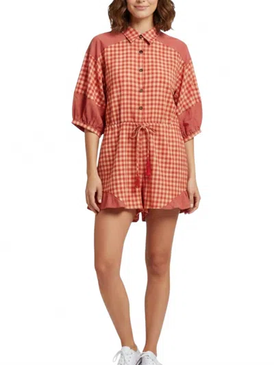Peach Love Gingham Short Romper In Red Multi