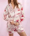 Peach Love Heart Lace Satin Pajama Set In White/pink In Multi