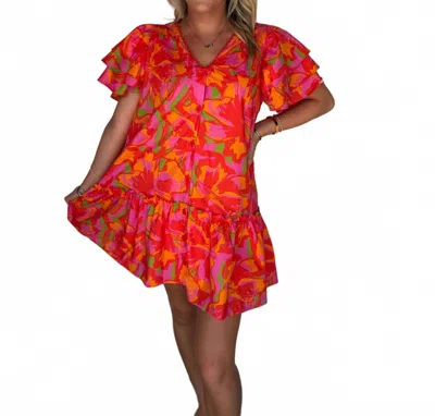 Peach Love Katie Ruffled Sleeve Dress In Red/pink In Orange