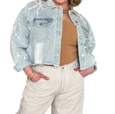 Peach Love Lace Bow Embroidered Jacket In Denim