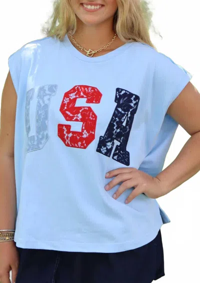 Peach Love Lace Usa Tee In Blue