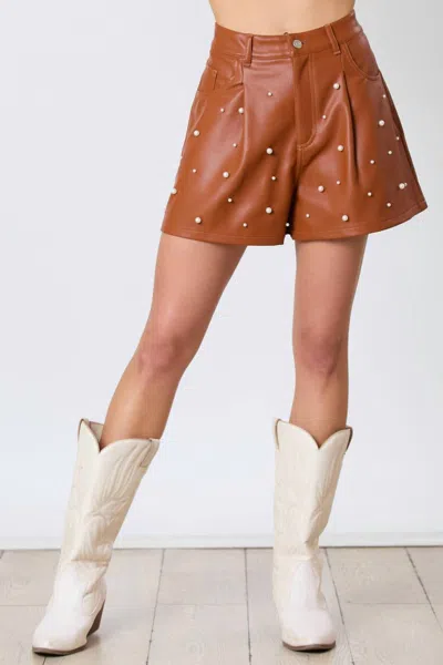 Peach Love Leather Pearl Shorts In Brown