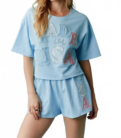 Peach Love Made In Usa Pearl And Lace Top In Blue