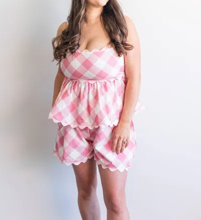 Peach Love Margot Gingham Matching Tank And Short Set In Pink & White In Multi