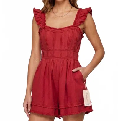 Peach Love Mineral Wash Cotton Twill Romper In Red